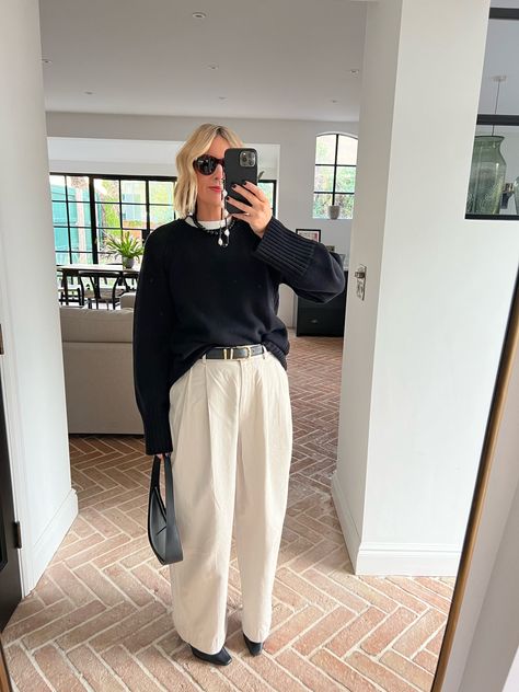 Leg Trousers Outfit, Trousers Outfit, Emma Rose, Trouser Outfit, Chino Pants, Tailored Trousers, Black Knit, Barrel, Lookbook