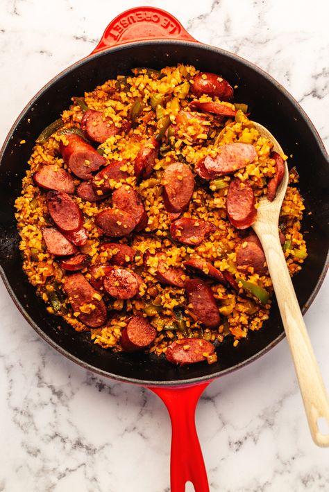 Turkey Kielbasa Recipes, Cauliflower Rice Skillet, Sausage And Rice, Kielbasa Recipes, Rice Skillet, Quick Meal Prep, Kielbasa Sausage, Cauliflower Rice Recipes, One Skillet