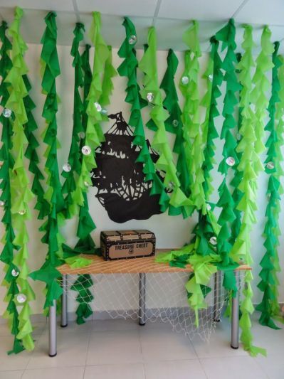 make vines out of plastic tablecloths Ocean Commotion Vbs, Ocean Vbs, Ocean Classroom, Jungle Thema, Ocean Theme Classroom, Ocean Party, Under The Sea Theme, Under The Sea Party, Plastic Tablecloth