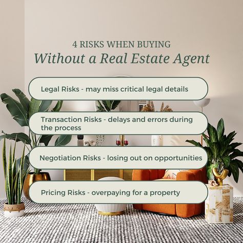 Buying a home without a real estate agent can be risky. You could miss critical legal details, overpay for a property, struggle to negotiate effectively or experience transactional issues. To avoid these risks, work with a professional real estate agent who can guide you through the process and ensure a successful transaction! #realestateagent #homebuyingtips #realestateadvice #homesearch #propertybuying #homebuyingprocess Real Estate Q And A, How To Be A Good Real Estate Agent, Real Estate Tips For Agents, Realtor Posts, Realtor Content, Real Estate Post, Real Estate Marketing Quotes, Real Estate Agent Branding, Real Estate Marketing Plan