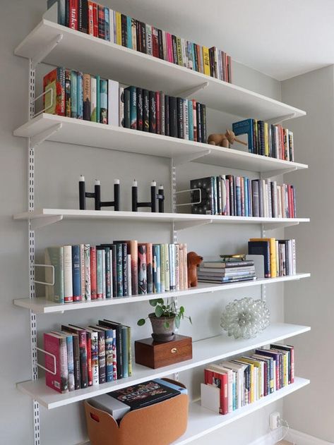 At home with Johanna | Elfa Track Shelving Bedroom, Boaxel Ikea Bookshelf, Boaxel Bookshelves, Ikea Boaxel Bookshelf, Ikea Boaxel Office, Elfa Bookshelves, Boaxel Ikea Ideas, Elfa System, Track Shelving