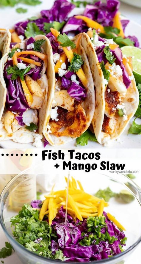 These Easy Baked Fish Tacos with Mango Slaw are a great weeknight dinner idea. Taco Tuesdays will be a hit with this Healthy Fish Tacos Recipe! #fishtacos #tacotuesdayrecipes #tacorecipes #easydinnerideas #easydinnerrecipes #dinnerrecipes #weeknightdinnerideas Vegan Photography, Baked Fish Tacos, Fish Tacos With Cabbage, Vegetarian Tacos Recipes, Healthy Fish Tacos, Taco Tuesday Recipes, Blackened Fish Tacos, Mango Slaw, Cilantro Lime Slaw