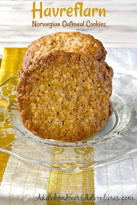 Havreflarn Norwegian Oatmeal Cookies - A Kitchen Hoor's Adventures Swedish Krokan Recipe, Scandinavian Sweets, Norwegian Cookies, Oatmeal Lace Cookies, Norwegian Cuisine, Norwegian Recipes, Viking Food, Scandinavian Recipes, Nordic Recipe