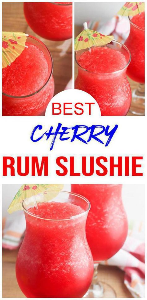 Rum Slushie alcoholic drink you want to make today. {Easy} alcohol drink recipe for the BEST cherry cocktail. Rum cherry slushie cocktail drink recipe you will make over & over. Simple & quick blended not on the rocks rum cocktail. Rum slushie alcohol drink recipe for sipping on by the pool, cocktail / happy hour or tasting parties. Make for Memorial Day or Father's day. Make the BEST cherry rum cocktail #rum #slushie #alcohol Slushy Alcohol Drinks, Cherry Slushie, Drinks Alcohol Recipes Easy, Frozen Drinks Alcohol, Slushy Drinks, Alcoholic Punch Recipes, Blended Cocktail, Slushie Recipe, Alcholic Drinks