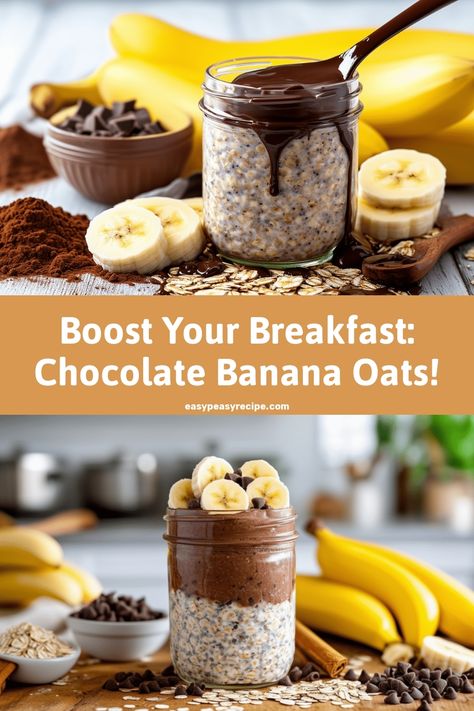 A jar of chocolate banana protein overnight oats topped with banana slices and chocolate chips, surrounded by ingredients like rolled oats, bananas, cocoa powder, and chocolate chunks. Overnight Oats Chocolate Banana, Blended Overnight Oats Protein, Banana Protein Overnight Oats, Overnight Oats Banana, Chocolate Banana Overnight Oats, Protein Overnight Oats Recipe, School Cookies Recipe, Blended Overnight Oats, Healthy Meal Prep Breakfast