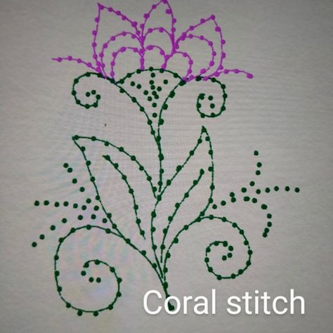 Coral stitch looks like a knot and is used for outlining in hand embroidery designs. Thicker the thread more prominent is the stitch. Coral Stitch, Hand Embroidery Designs, Stitch Design, Hand Embroidery, Machine Embroidery, Embroidery Designs, Knot, Coral, Thread