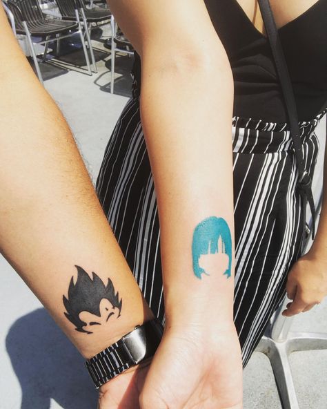 Dragon Ball Z Tattoo Ideas, Dragon Ball Z Tattoo, Dbz Tattoo, Tato Naga, Z Tattoo, Vegeta And Bulma, Couple Tattoos Unique, Dragon Ball Tattoo, Matching Couple Tattoos