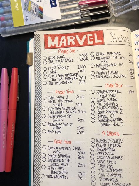 Marvel Phases Bullet Journal Marvel Phases, Creating A Bullet Journal, Bullet Journal Paper, Bullet Journal Tracker, Journal Lists, Journal Bullet, Bullet Journal Mood, School Calendar, Bullet Journal Notebook