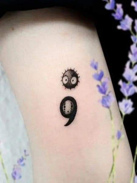 Micro Anime Tattoo, Soot Sprite Tattoo, Sprite Tattoo, Semicolon Wrist Tattoo, Semicolon Tattoo Ideas, Serotonin Tattoo, Semicolon Tattoos, Matching Tats, Heartbeat Tattoo