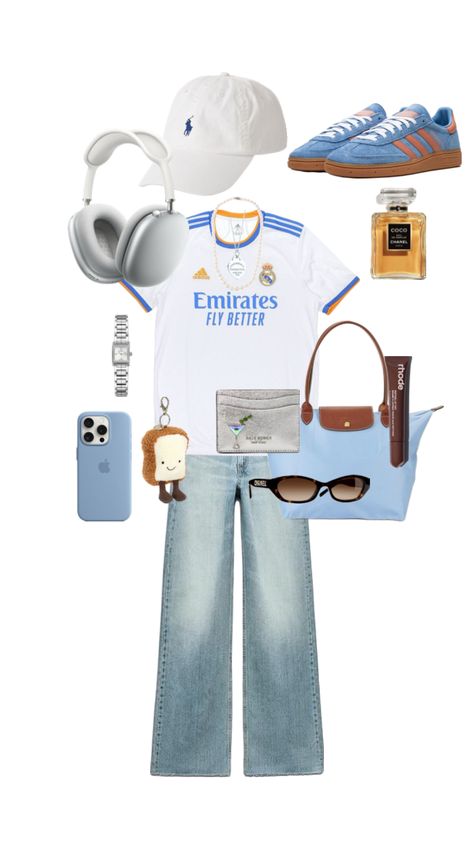 Real Madrid jersey fit #realmadrid #summerfitinspo #footbaljersey Madrid Aesthetic, Madrid Outfits, Real Madrid Jersey, Madrid Jersey, Soccer Outfit, Jersey Outfit, Winter Fits, Cool Fits, Gameday Outfit