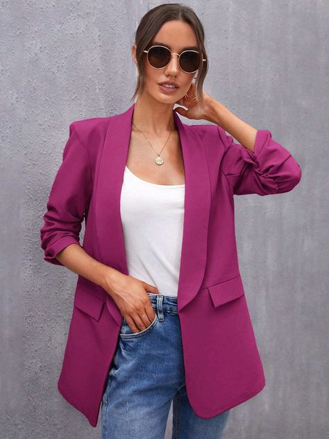 SHEIN BIZwear Shawl Collar Gathered Sleeve Flap Detail Blazer Workwear | SHEIN USA Purple Blazer Outfits For Women, Outfit Casual Con Blazer, Blazer Looks For Women, Outfits Blazer, Adrette Outfits, Purple Blazer, Summer Blazer, Business Chic, Lightweight Blazer