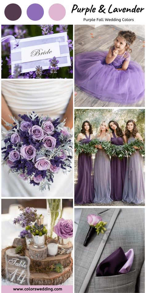 Purple And Lavender Wedding, Purple Wedding Flowers Bouquet, Bridesmaid Dresses Lavender, March Wedding Colors, Purple Lavender Wedding, Lavender Flower Girl Dress, Purple Fall Wedding, Lavender Wedding Theme, Lavender Bridesmaid