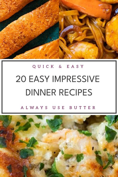 Looking to wow your guests with an unforgettable meal? Check out these easy but impressive dinner recipes that are sure to impress at your next dinner party. From elegant mains to show-stopping dishes, these recipes will elevate any gathering. Whether you're a seasoned chef or a beginner in the kitchen, you'll find inspiration for impressive dinner ideas that are both delicious and easy to make. Say goodbye to the stress of planning your menu and say hello to mouthwatering dishes that will leave Dinner Recipes Birthday, Simple Gourmet Meals, Elegant Easy Dinners, Impress Guests Dinner, Elevated Dinner Ideas, Easy Meals For Guests Simple, Easy Beginner Recipes Dinners, Dinner To Impress In Laws, Signature Dishes Ideas