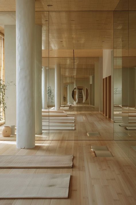 Japandi Yoga Room, Japandi Gym, Yoga Interior Design, Spa Room Design, Yoga Studio Interior, Wellness Center Design, Spa Interior Design, Yoga Studio Design, Ballet Studio