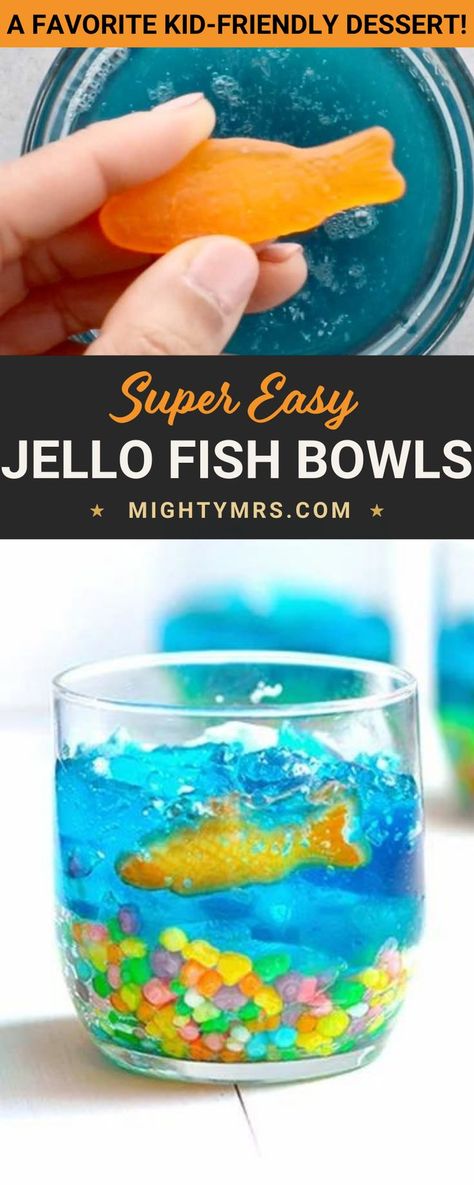 This Super Easy Jello Fish Bowls recipe is a fun, edible craft idea for kids, and it’s a great party treat for a crowd. When I say this is a simple recipe, all you need is Nerds, Jello, and colorful Swedish fish. Grab a small bowl or jar and create an edible aquarium for your kids! Shark Week Drinks, Ocean Snacks, Shark Week Recipes, Bible School Snacks, Beach Dessert, Gummy Fish, Kids Party Snacks, Fish Snacks, Fish Bowls