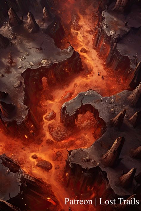 A hot lava river flowing through a cave, with cliffs on both sides. Game Level Design, Volcanic Island, Sky Map, Art Studio Room, Tabletop Rpg Maps, Rpg Map, Fire And Stone, Star Wars Rpg, Dungeon Maps