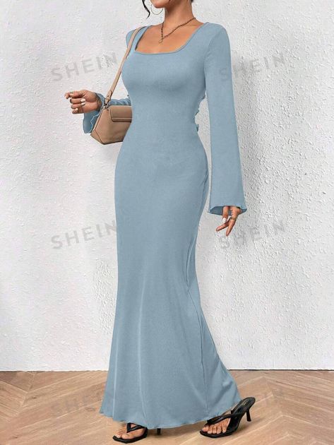 SHEIN USA Formal Maxi Dress With Sleeves Shein, Flare Sleeve Dress Blue, Blue Long Sleeve Georgette Dress, Shein Lantern Sleeve Dress, Blue Georgette Long Sleeve Maxi Dress, Flare Sleeve Dress, Grad Dresses, Flared Sleeves, Elegant Woman