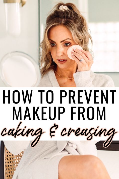 photo of applying makeup. Text overlay that says how to prevent makeup from caking & creasing How To Prevent Makeup From Creasing, Makeup Crease Prevent, Makeup Basics, Cakey Makeup, Face Painting Tips, Full Coverage Makeup, Makeup Over 50, Makeup Tips For Older Women, Princess Makeup