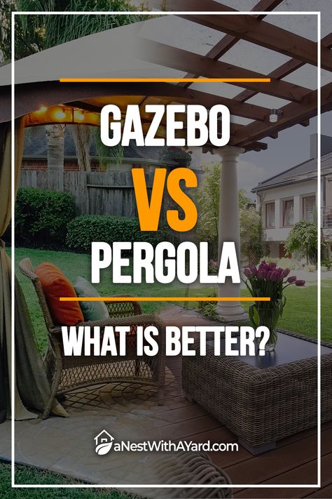 Gazebo vs pavilion? They both add value and style to any home. Read more to find out which shade structure would better fit your backyard. #gazebo #decor #backyard #landscaping Backyard Landscaping Designs Layout Pergolas, Backyard Pergola Ideas Patio Design Gazebo, Backyard Patio Designs Gazebo, Budget Gazebo Ideas, Pergola Vs Gazebo, Gazebo Against House, Gazebo On Pavers, Gazebos On Decks Ideas, Pergola And Gazebo Together