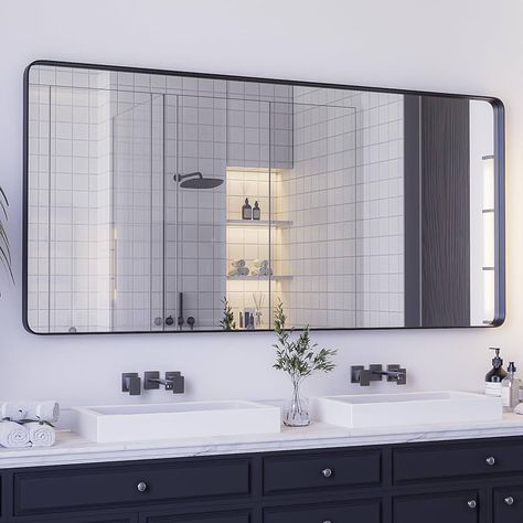 Amazon.com: Yamazakura Large Bathroom Mirror for Wall, 60x28 Inch Matte Black Framed Rectangular Bathroom Vanity Mirror for Farmhouse, Anti-Rust, Tempered Glass, Rounded Corner (Horizontal/Vertical) : Home & Kitchen Large Mirror Bathroom, Bathroom With Double Sink, Bathroom Navy, Large Bathroom Mirror, Wall Mirror Frame, Black Bathroom Mirror, Wide Mirror, Mounted Mirrors, Large Bathroom Mirrors