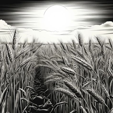 Image Free Download | A field of golden wheat, black and white sketch, primitivism, 4K, hyper quality Wheat Field Tattoo, Wheat Field Drawing, Wheat Sketch, Field Tattoo, Field Drawing, Inner Forearm, Golden Wheat, Farm Field, Wild Grass