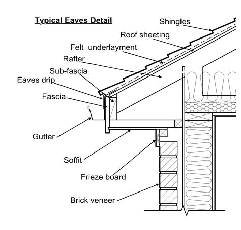 Typical Eaves Detail with frieze board Roof Eaves, Roof Sheathing, Fascia Board, Framing Construction, Roof Construction, Brick Veneer, Roof Trusses, Hip Roof, Roof Structure