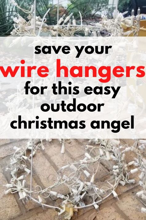 We are loving this budget friendly outdoor Christmas angel made with a tomato cage and repurposed wire hangers and led lights. This cute outdoor holiday decor idea for your front yard or porch will spread some Christmas cheer from afar. Diy Outdoor Christmas Cross, Tomato Cage Christmas Decorations, Diy Tomato Cage, Wire Hanger Crafts, Mason Jar Dispenser, Christmas Decoration Diy, Diy Snowman Ornaments, Dining Table Makeover, Hanger Crafts