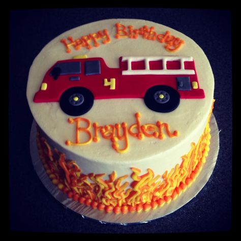 Fire Truck birthday cake with buttercream flames by Sweeten Up Bake Shop. Austin, Cedar Park, Round Rock, Texas. www.sweetenupbakeshop.com Fire Truck Birthday Cake, Birthday Cake With Buttercream, Firefighter Cake, Truck Birthday Cake, Fire Fighter Cake, Fireman Cake, Firetruck Cake, Truck Birthday Cakes, Fire Truck Birthday