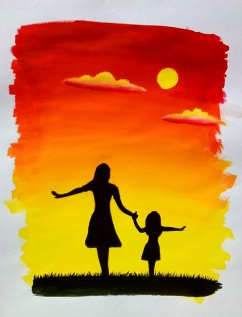 Family Silhouette Painting, Drawing For Sister, Sunset Drawing Easy, Kids Canvas Painting, Mother Painting, Special Painting, Shadow Drawing, Beach Art Painting, Islamic Art Canvas