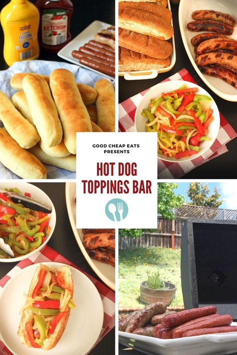 Hot Dog Toppings Bar, Sausage Bar, Hot Dog Bar Toppings, Toppings Bar, Sauteed Peppers And Onions, Hot Dog Toppings, Sausage Sandwiches, Homemade Guacamole, Hot Dog Recipes