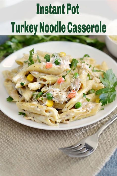 Instant Pot Turkey Noodle Casserole with leftover turkey and pasta in a creamy cheese sauce is a quick and easy dinner that's perfect for using up leftover turkey. Made without cream soups and tastes amazing! #instantpot #leftovers #instantpotrecipes #turkey #easydinner Turkey Casserole Recipes Leftover, Easy Leftover Turkey Recipes, Turkey Noodle Casserole, Turkey Casserole Recipe, Instant Pot Turkey, Cream Soups, Creamy Cheese Sauce, Noodle Casserole Recipes, Instant Pot Pasta Recipe