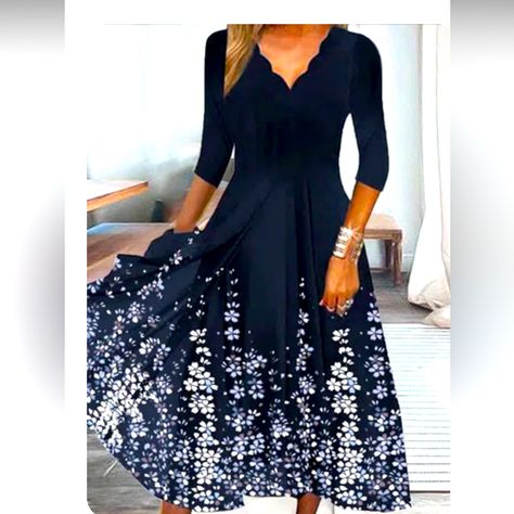 Size M, Navy Blue And White, Comfortable Jersey Material. Scalloped V-Neck Neckline Long Tshirt Dress, Three Quarter Sleeve Dresses, Airy Dress, Nature Dress, V Neck Midi Dress, Vestido Casual, Dress Silhouette, Midi Dress With Sleeves, Midi Length Dress