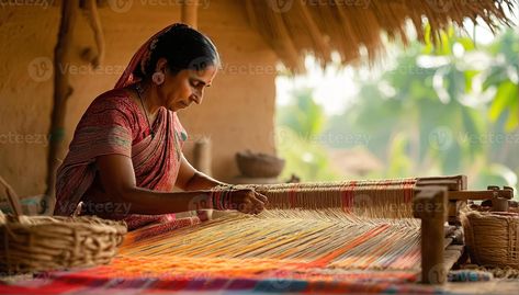 Traditional Indian weaver crafting on handloom in village settingries. Handloom Weaver, Tree Saw, Wedding People, Heart Tree, Village Life, Cityscape Photos, Heart With Arrow, Traditional Indian, Background Banner