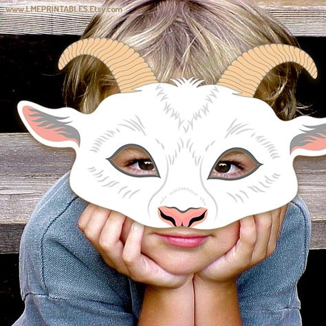 Goat Printable Mask Costume Halloween Nanny Goat White Animal | Etsy Goat Printable, Farm Party Favors, Goat Mask, Birthday Animals, Printable Mask, Book Character Day, White Goat, Farm Animal Party, Animals Party