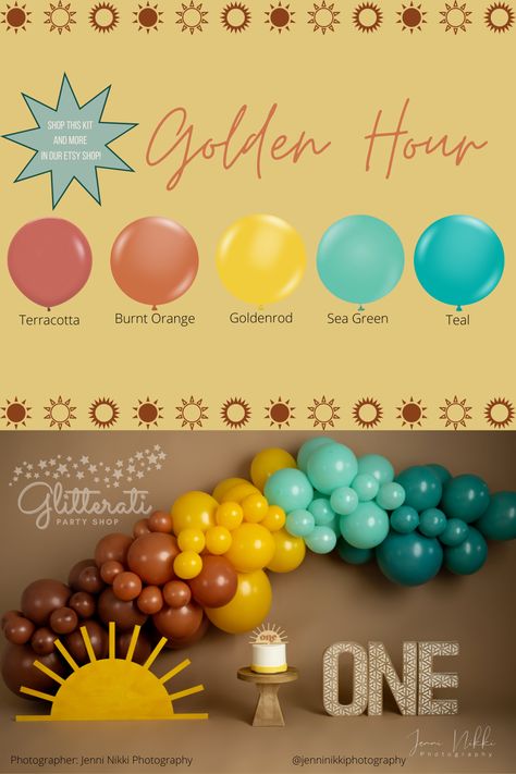 Sunset Birthday Party Decorations, Golden Hour Birthday Party, Golden Hour Birthday, Mustard Yellow Balloon Garland, Ray Of Sunshine Balloon Garland, Golden Hour Party, Sun Balloon Arch, You Are My Sunshine Balloon Arch, Sunshine Birthday Balloon Garland