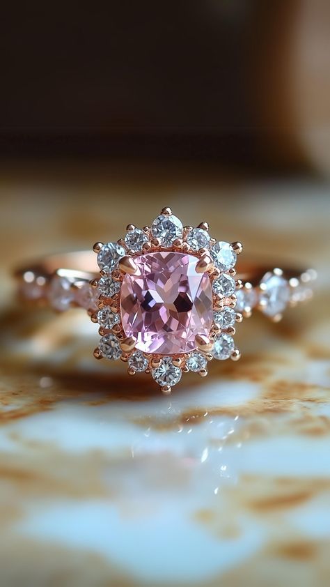 Vintage Pink Engagement Rings, Elegant Pink Moissanite Diamond Ring, Vintage Pink Brilliant Cut Rings, Pink Moissanite Jewelry With Brilliant Cut, Elegant Pink Crystal Ring With Prong Setting, Formal Pink Crystal Ring With Halo Setting, Pink Moissanite Ring, Pink Engagement, Pink Engagement Ring