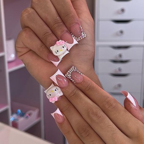 Hello Kitty Inspired Nails Short, Short Duck Nails Hello Kitty, Hello Kitty Duck Nails, Cat Hairstyles, Hello Kitty Nail, Luv Nails, Pink French Tip, Kitty Nail, Kids Nail Designs