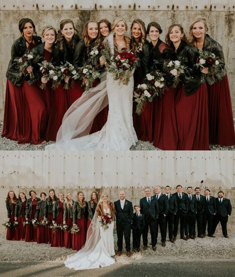 Burgundy And Black Bridesmaid Dresses, Black Wedding Dress Burgundy Bridesmaid, Rocker Bride, Jordans Wedding, Crimson Wedding, Black Leather Jackets, Fall Wedding Bridesmaids, Winter Bridesmaids, Wedding Burgundy