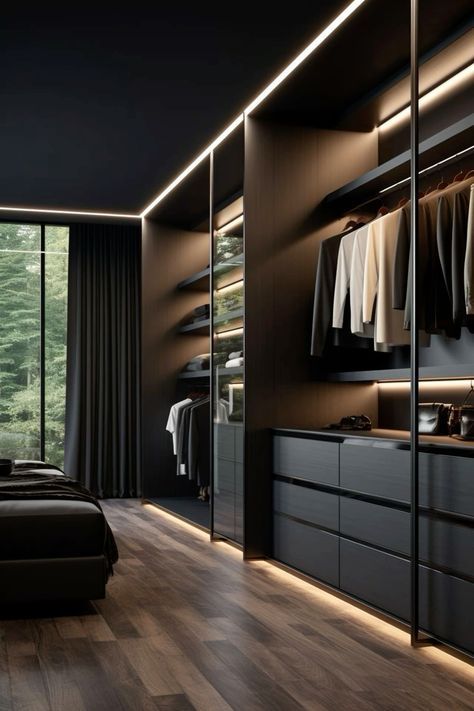 Bedroom Black Wardrobe, Modern Rustic Walk In Closet, Black Built In Wardrobe, Men’s Closet Ideas, Mens Walk In Closet Design, Dark Walk In Closet, Black Wardrobe Bedroom, Black Walk In Closet, Walking Closet Modernos