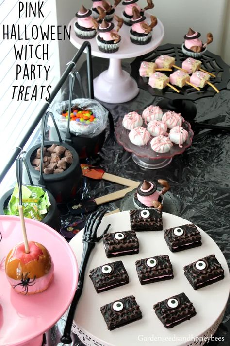 Pink Halloween Witch Party Treats - Garden Seeds and Honey Bees Pink Halloween Party Favors, Halloween Witch Party, Pink Halloween Party, Party Favors Table, Halloween 1st Birthdays, Favors Table, Witch Party, Pink Food, Halloween 1