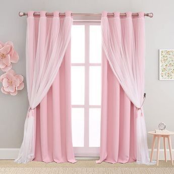 PRICES MAY VARY. PACKAGE INFORMATION: Package includes 2 pieces of double-layer curtains. The curtains come with 2 tie-backs. Each panel has a crushed sheer layer over a blackout curtain measuring 52"W x 63"L with 8 silver grommets(1.6-inch inner diameter)top. UNIQUE DESIGN: Crushed sheer layer with unique lace seam design and covered with one blackout curtain panel features a dreamy and romantic look to liven up any home decor and give you versatile layer options. EXCELLENT FUNCTIONS: The black Pink And Grey Curtains, Nursery Curtains Girl, Roses Bedroom, Layer Curtains, Living Room Elegant, Pink Curtain, Girls Bedroom Curtains, Pink Window, Pink Blackout Curtains