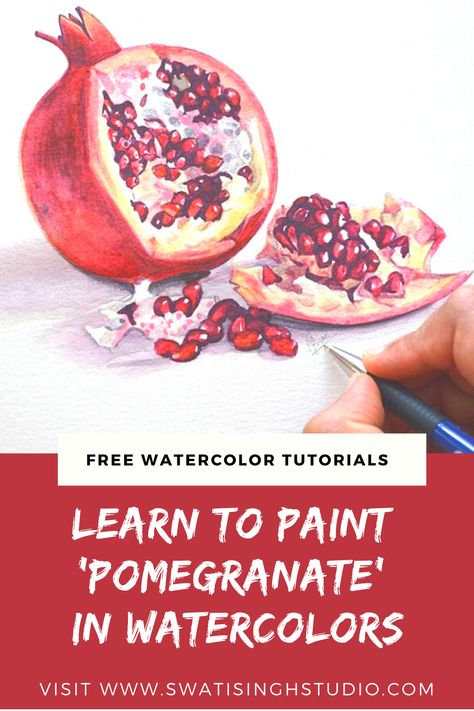 Learn how to paint realistic looking pomegranate in watercolors with this easy step-by-step tutorial. I loved painting these garnet like seeds in red. I hope you will enjoy painting it too! Have fun painting :) #watercolors #pomegranate #tutorial #learn #easy Swati Singh Studio | Learn Watercolor Painting Pomogranette Painting, Watercolor Pomegranate Tutorial, How To Paint A Pomegranate, Pomegranate Painting Easy, Pomegranate Watercolor Painting, Watercolour Pomegranate, Watercolor Artwork Inspiration, Pomegranate Watercolor, Watercolor Pomegranate