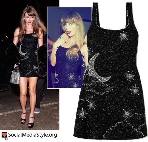 Taylor Swift's bead and crystal embellished moon and star black mini dress Taylor Swift Mini Dress, Taylor Swift Star Outfit, Taylor Swift Midnights Dresses, Stars And Moon Dress, Embellished Dress Diy, Taylor Swift Star Dress, Midnight Dress Taylor Swift, Taylor Swift Midnight Dress, Midnights Dress Taylor Swift