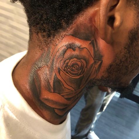 Men Neck Tattoo Black, Side Neck Tattoos For Men Black, Hood Tattoo For Men Neck, Next Tattoo Men, Side Neck Tattoo For Guys Hood, Rose Neck Tattoo Men, Side Neck Tattoo For Guys Ideas, Neck Tattoo Black Men, Guys Neck Tattoo