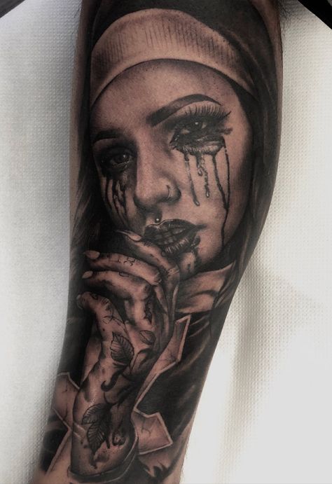 Nun Tattoo Design, Dark Tattoos For Men, Nun Tattoo, Satanic Tattoos, Chicano Tattoos Sleeve, Catrina Tattoo, Skull Girl Tattoo, Realistic Tattoo Sleeve, Evil Tattoos