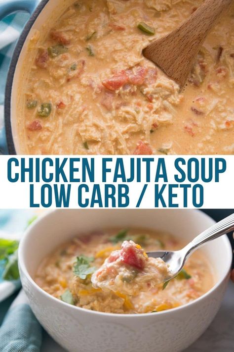 This easy keto-friendly Mexican fajita soup is made without tortillas and super low in carbs! Use pre-cooked shredded chicken to turn this recipe into a quick 30-minute meal! Fajita Soup Recipe, Fajita Soup, Chicken Fajita Soup, Low Carb Chicken Recipes, Chicken Fajita, Keto Soup, Low Carb Soup, Low Carb Diet Recipes, Healthy Low Carb Recipes