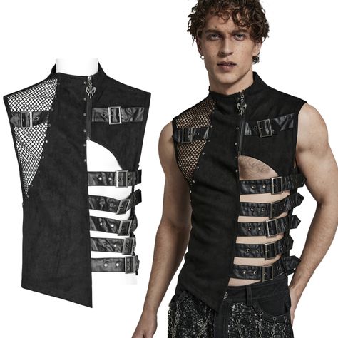 Punk Rave Asymmetric Gothic Waistcoat with Straps | BOUDOIR NOIR Bodysuit Men Fashion, Black Latex Outfit Male, Pvc Goth Outfit, Men Concert Outfit Ideas, Male Gothic Outfits, Rave Men Outfits, Techno Rave Outfit Men, Rave Style Outfits, Cybergoth Men