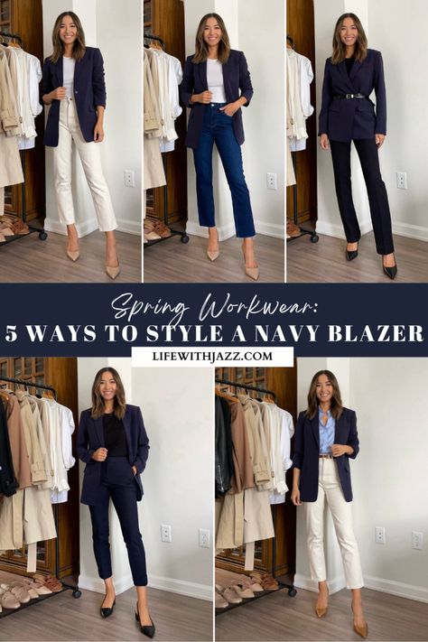 Navy Blue Blazer Work Outfit, Navy Linen Blazer Outfit Women, Blue Linen Blazer Outfit Women, Navy Blue Office Outfits Women, Blue Button Down Shirt Outfit Work, Outfit With Blue Blazer, Navy Blazer Outfits For Women, Dark Blue Blazer Outfits For Women, Navy Blue Outfit Ideas Casual