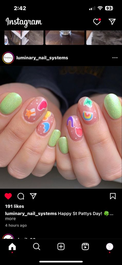 Lucky Charms Nails Design, Easter And St Patricks Day Nails, Saint Patrick’s Day Nail Designs, St Pattys Nails Acrylic, Lucky Charms Nails St Patrick's Day, St Patricks Nail Art, Nail Ideas St Pattys Day, Lucky Charm Nails St Patrick, St Pattys Day Nails Short