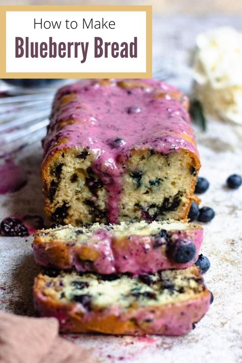 Blueberry Bread is a delicious and simple recipe that you can make for breakfast or dessert! The loaf is coated in a purple blueberry glaze that adds the right amount of sweetness and oomf to an already delicious dessert. Strawberry Bread Recipe, Blueberry Glaze, Strawberry Bread Recipes, Blueberry Bread Recipe, Strawberry Bread, Blueberry Bread, Make Banana Bread, Easy Summer Meals, Easy Baking Recipes